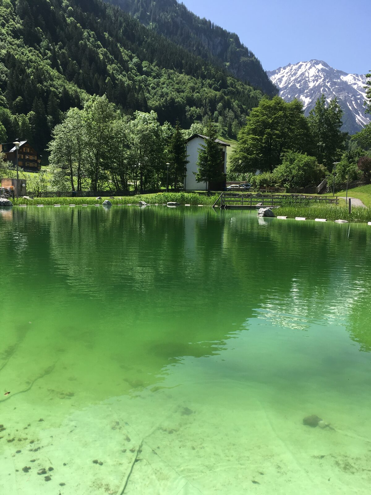 Klares, grün schimmerndes Wasser des Alvierbads mit Bergpanorama