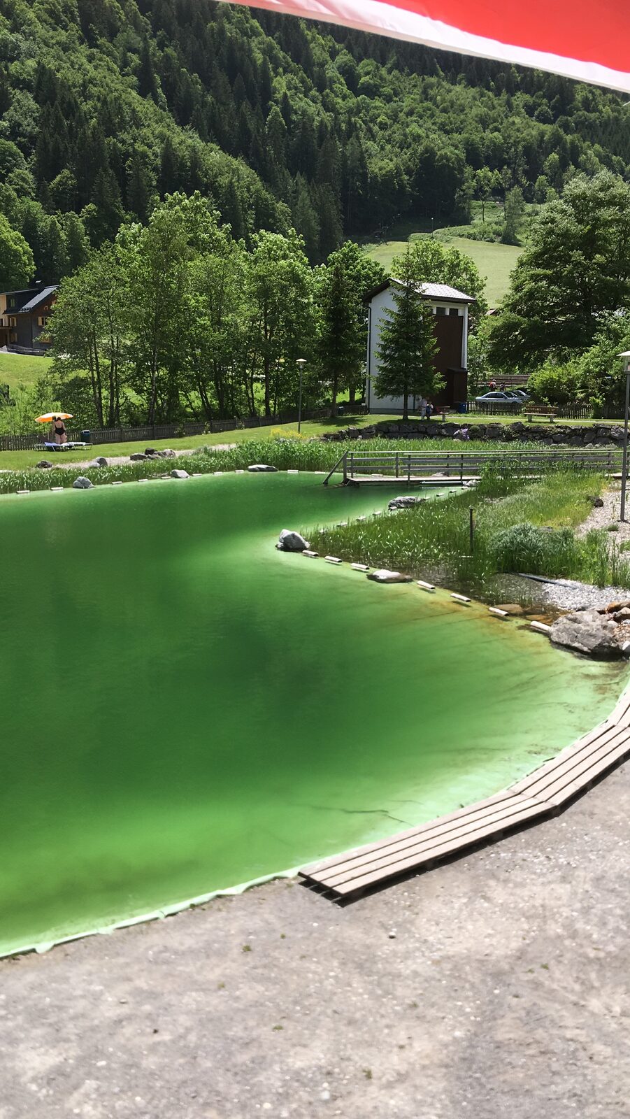 Blick auf das Alvierbad mit Liegewiese und Bergkulisse